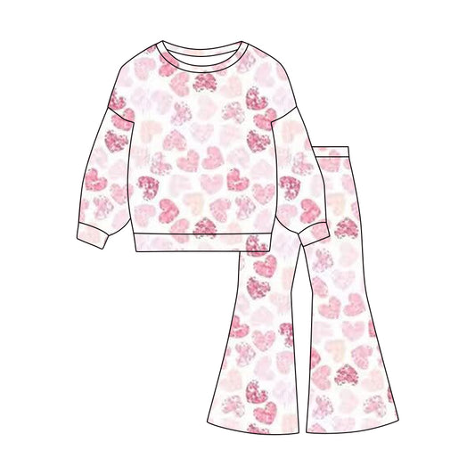 presale GLP3096  Baby Girls Pink Tie-dye Hearts Top Flare Pants Valentine Clothes Sets  D 1119