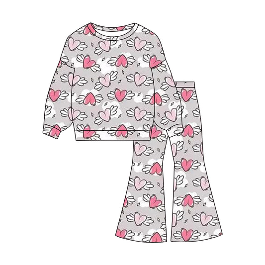 presale GLP3097 Baby Girls Pink Angle Hearts Top Flare Pants Valentine Clothes Sets D 1119