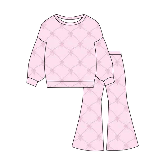 presale GLP3099 Baby Girls Pink Bows Checked Top Flare Pants Valentine Clothes Sets D 1119