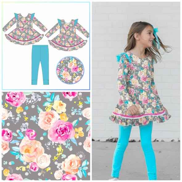 presale GLP3102 Baby Girls Colorful Flowers Ruffle Tunic Leggings Clothes Sets  D 1119