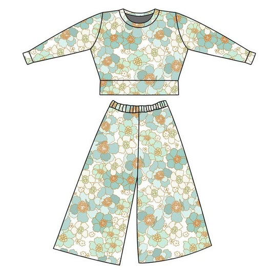 presale GLP3104  Baby Girls Green Flowers Long Sleeve Top Flare Pants Clothes Sets D 1119