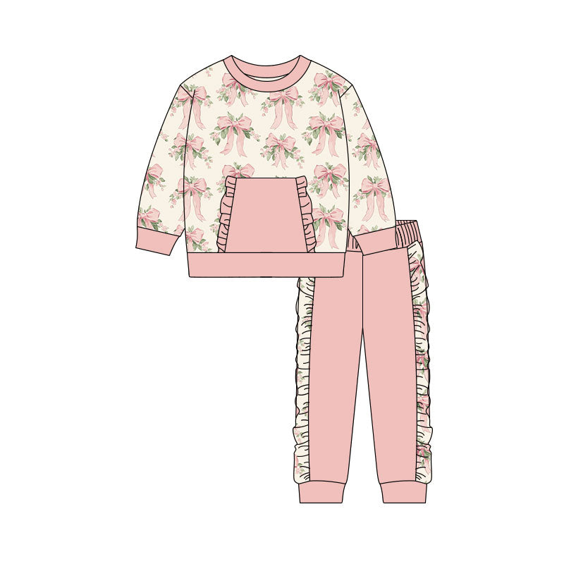 presale GLP3105  Baby Girls Pink Bows Flowers Pocket Top Ruffle Pants Clothes Sets D 1119