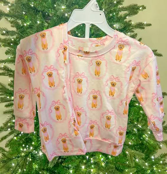 presale GLP3117 Baby Girls Pink Bows Dogs Top Pants Valentine Clothes Sets  D 1124