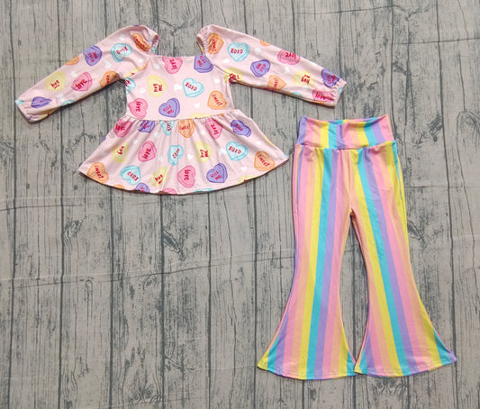 presale GLP3118 Baby Girls Colorful Hearts Ruffle Top Stripe Bell Bottom Pant Valentine Clothes Sets  D 1124