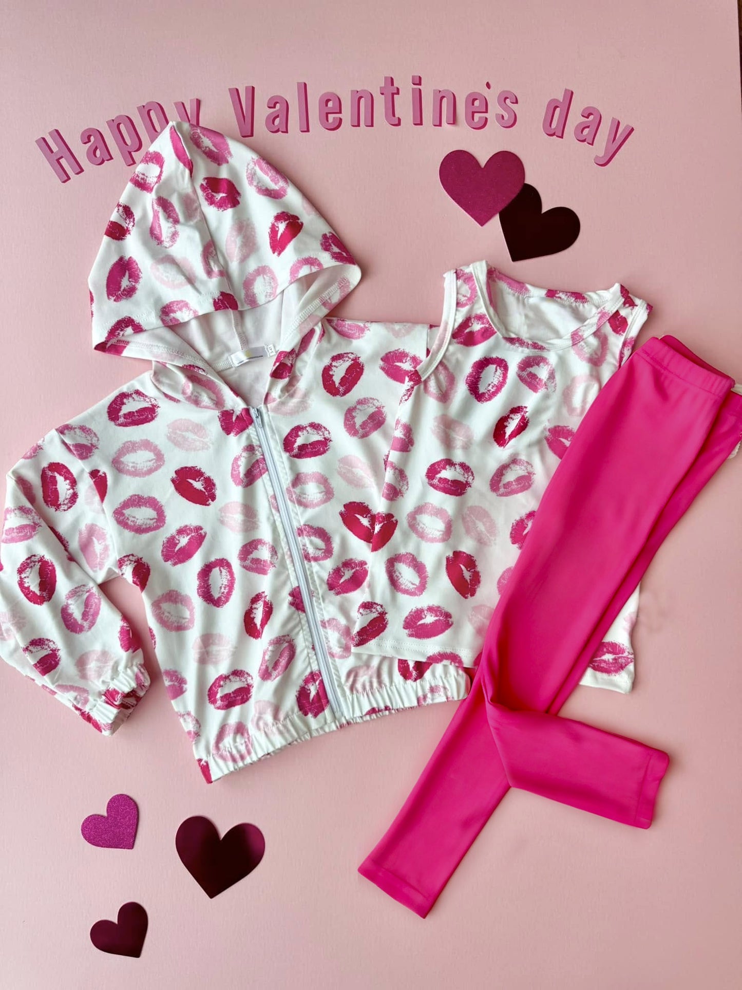 presale GLP3120 Baby Girls Pink Mouths Zipper Hoodies Leggings Pant Valentine Clothes Sets   D 1124