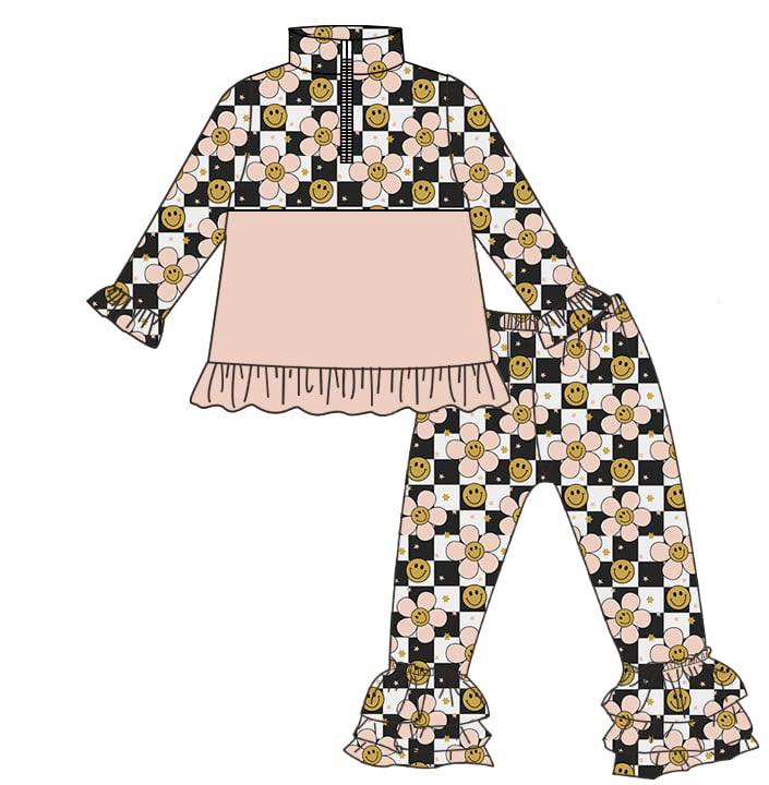 presale GLP3121  Baby Girls Black Checked Flowers Smiles Zipper Pullovers Ruffle Pants Clothes Sets  D 1124
