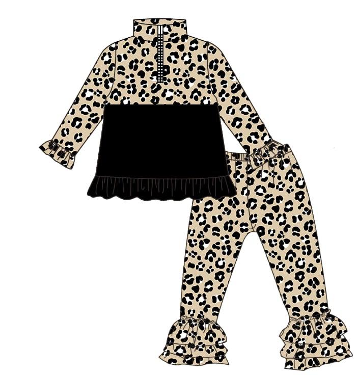 presale GLP3123 Baby Girls Black Leopard Zipper Pullovers Ruffle Pants Clothes Sets   D 1125