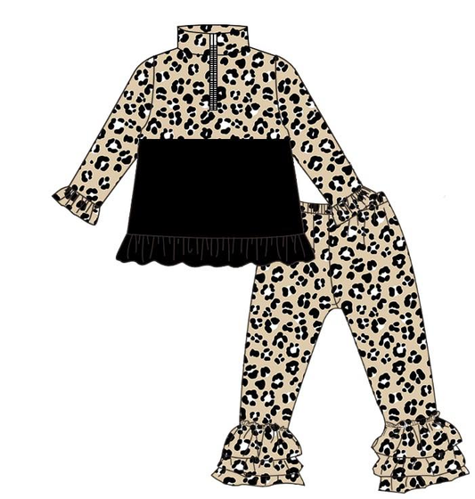 presale GLP3123 Baby Girls Black Leopard Zipper Pullovers Ruffle Pants Clothes Sets D 1125