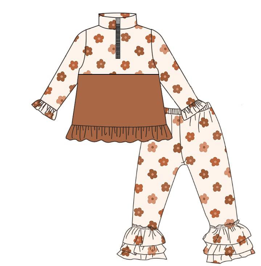 presale GLP3124 Baby Girls Brown Flowers Zipper Pullovers Ruffle Pants Clothes Sets D 1125