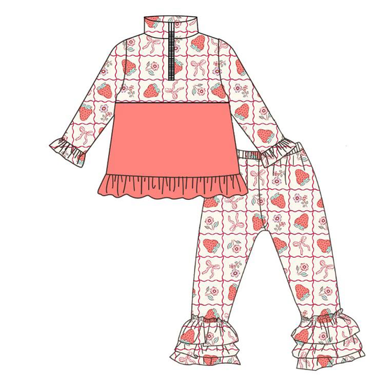 presale GLP3125 Baby Girls Strawberry Flowers Zipper Pullovers Ruffle Pants Clothes Sets  D 1125