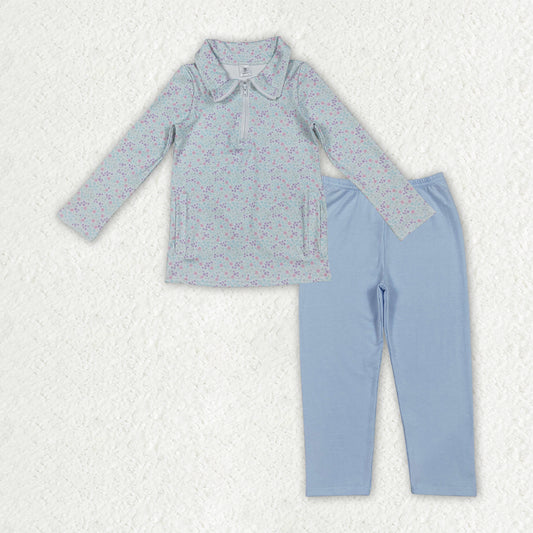 Baby Girls Light Blue Zip up Yoga Pullover with Flower Pockets Active Clothes Set with Leggings