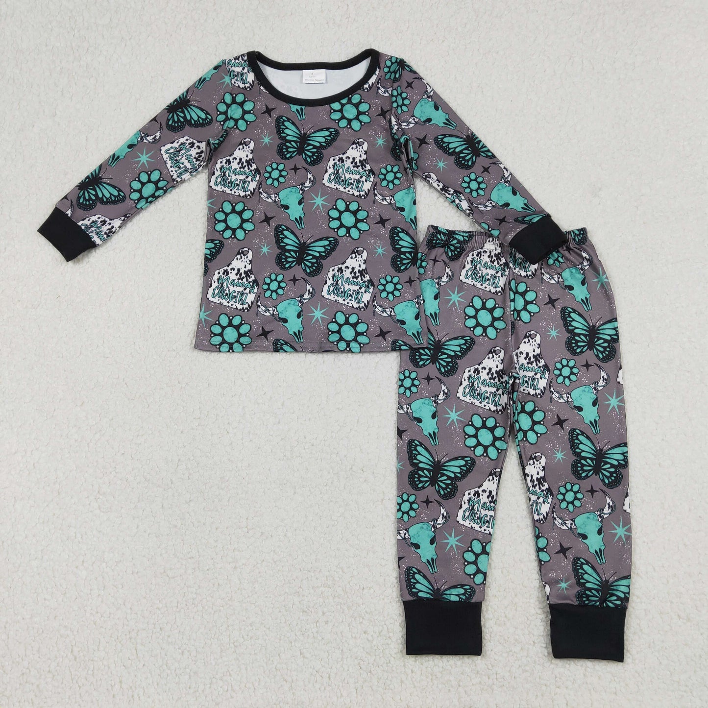 Baby Girls Western Pajamas Sets with Bull Skulls Butterfly Turquoise Top And Pants Cute Baby Sleepwear for Girls