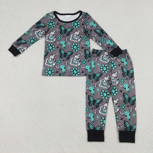 Baby Girls Western Pajamas Sets with Bull Skulls Butterfly Turquoise Top And Pants Cute Baby Sleepwear for Girls