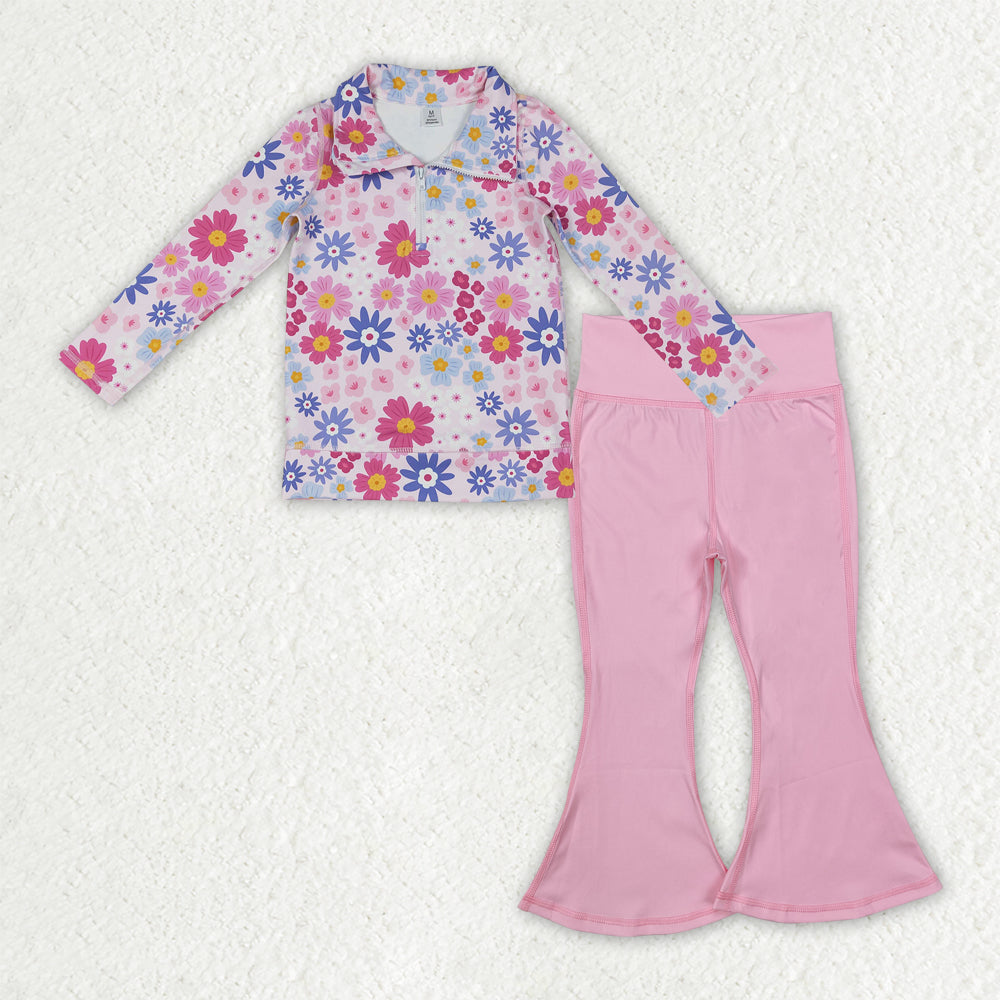 Baby Girls Daisy Flowers Zip Pullover Pink Bell Bottom Pants Yoga Active Clothes Set Baby Outfit