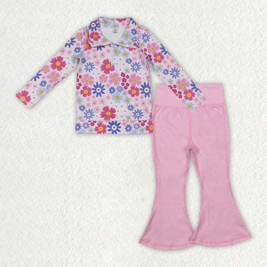 Baby Girls Daisy Flowers Zip Pullover Pink Bell Bottom Pants Yoga Active Clothes Set Baby Outfit