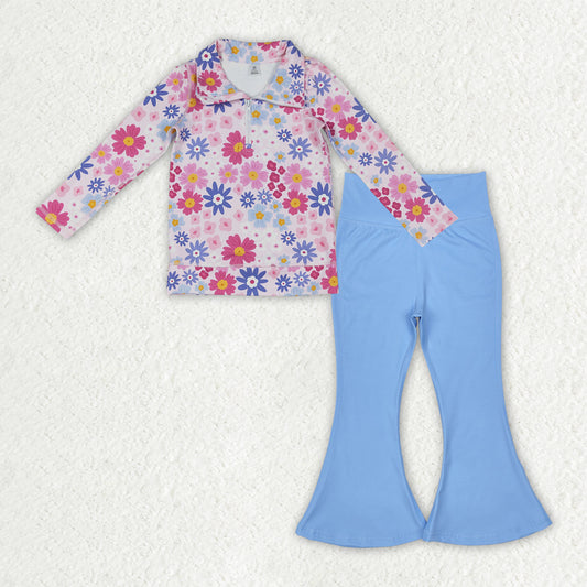 Baby Girls Daisy Flowers Zip Pullover Blue Bell Bottom Pants Yoga Active Clothes Set Baby Outfit