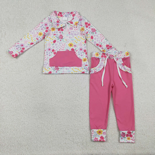 Baby Girls Colorful Flowers Pullover Zip Pocket Jogger Pants Set Cute Baby Outfit Toddler Girls Clothing Set