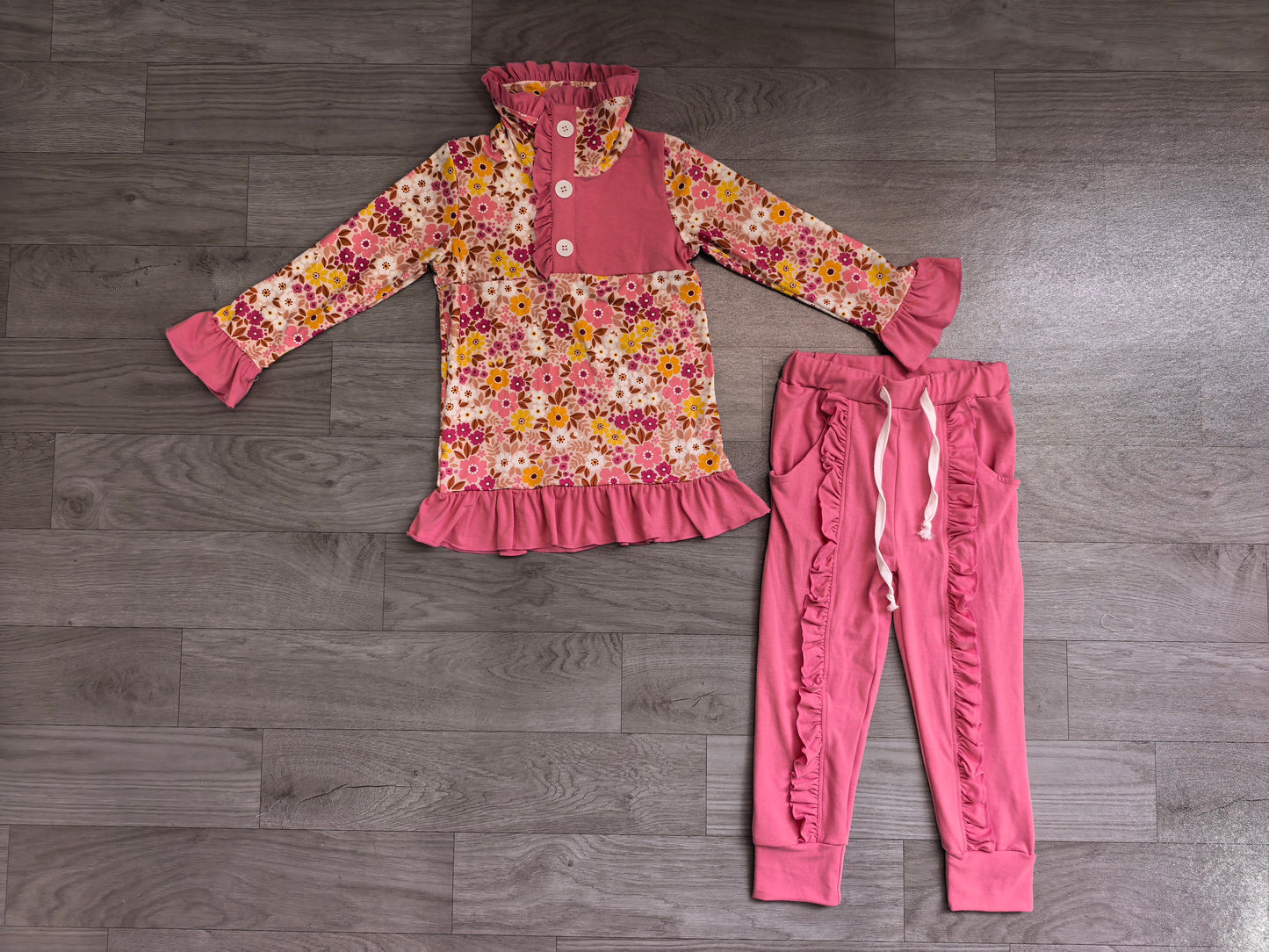 Pre order fall flower button pullover ruffle jogger outfit