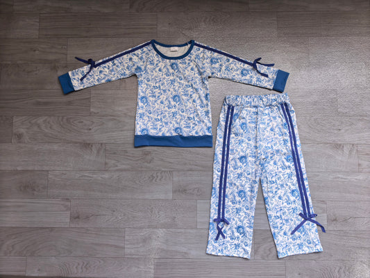 Pre order long sleeve blue flower pants set fall girls outfits