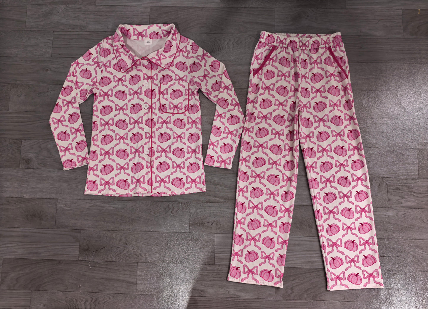 Pink Bow Pumpkin Adult Women Pajamas Set