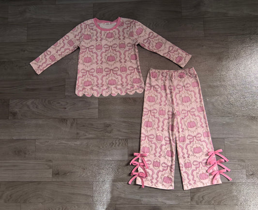 Pre order Halloween pink pumpkin scallop pants set