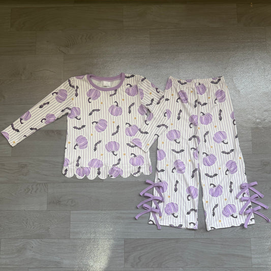 Pre order Halloween purple pumpkin scallop pants set