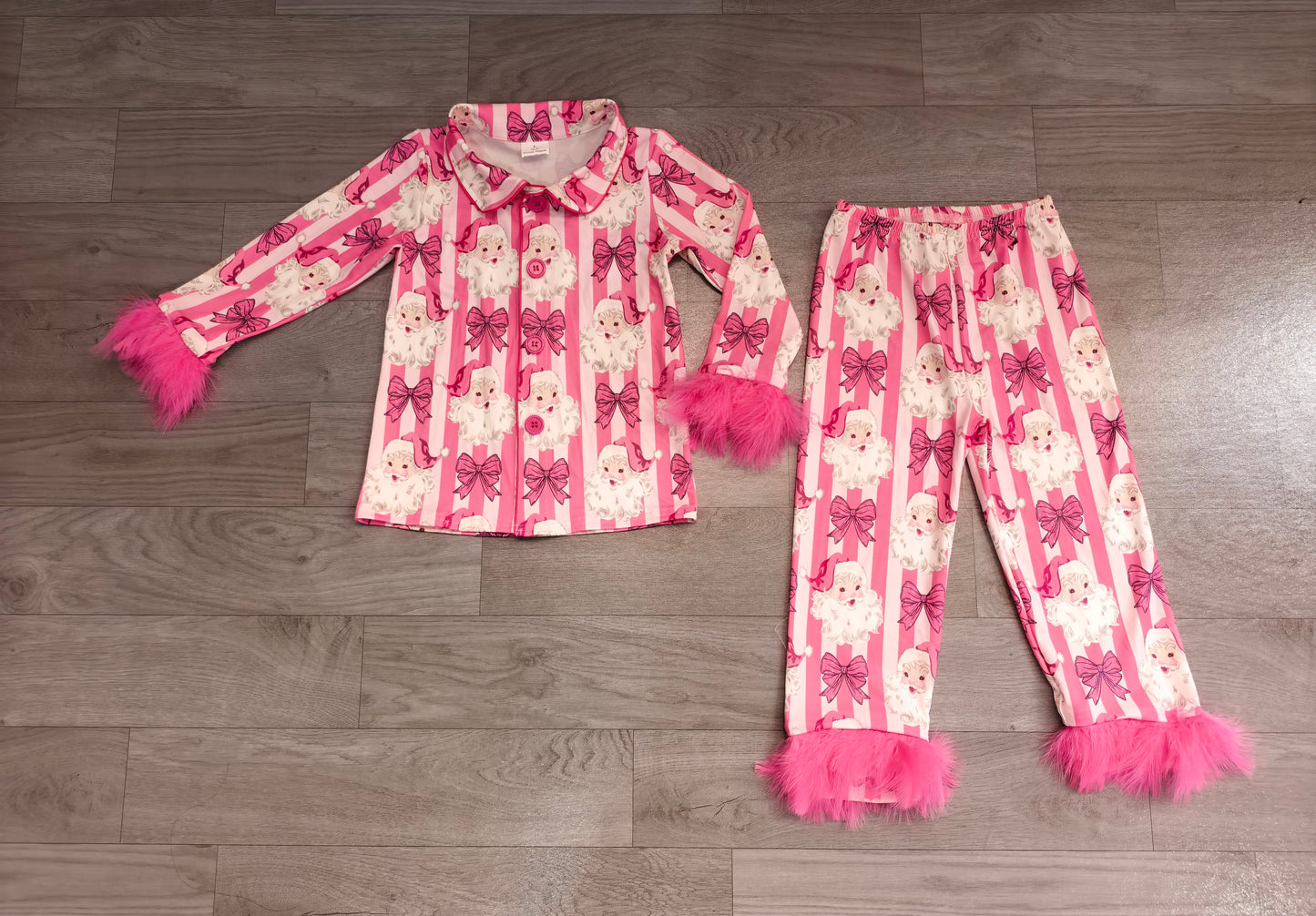 Pre order pink striped with santa bow button down fur pajamas