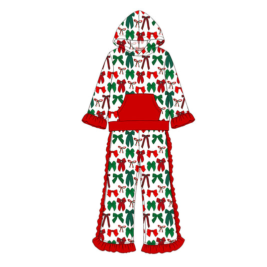 Pre order Christmas green red bow long sleeve pant hooded outfits
