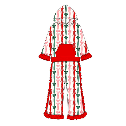 Pre order Girls Christmas red green bow long sleeve pant hooded outfits