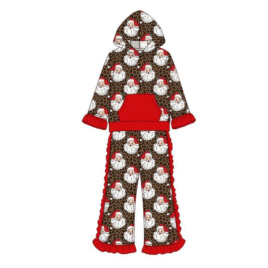 Pre order GLP3498 Girls Christmas Santa leopard long sleeve pant hooded outfits