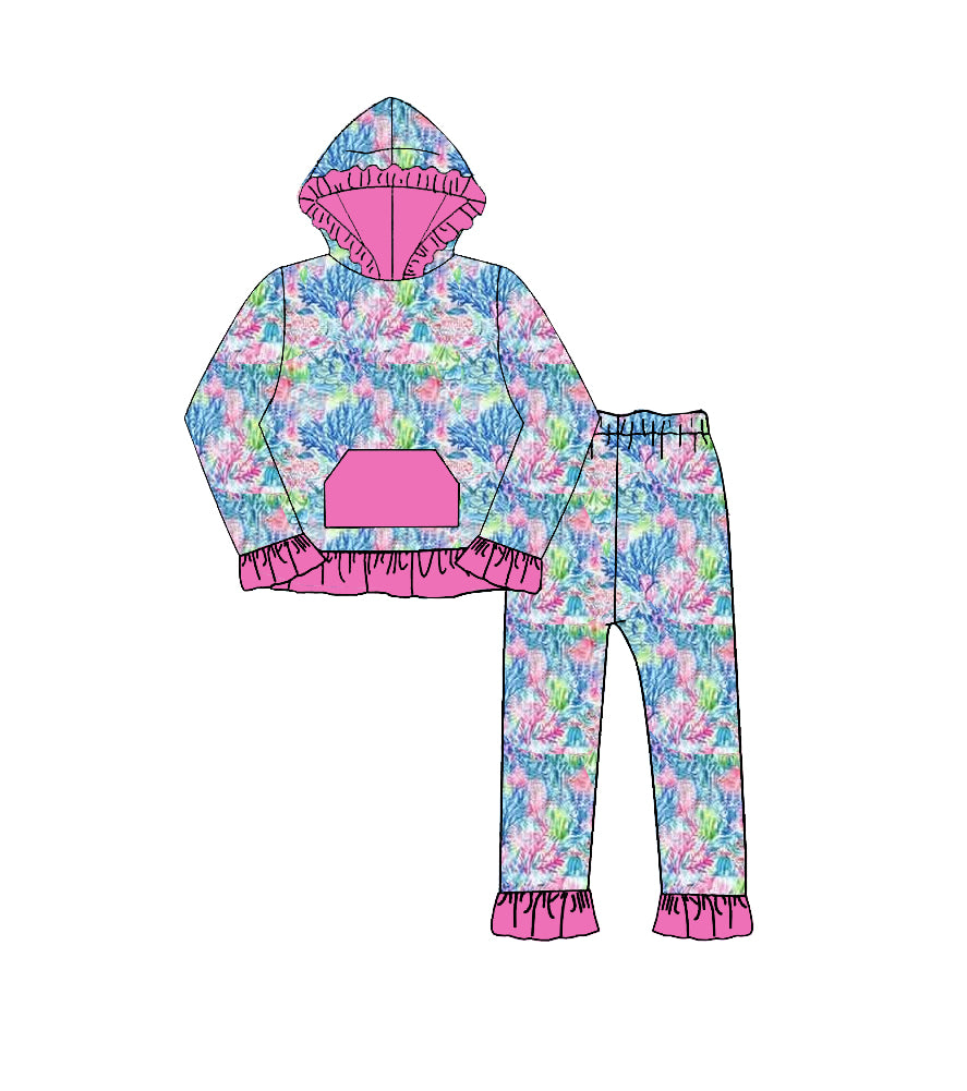 Pre order long sleeve ruffle floral hooded pants set