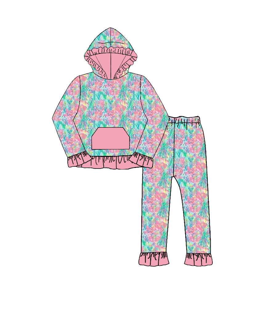 Pre order long sleeve ruffle floral hooded pants set