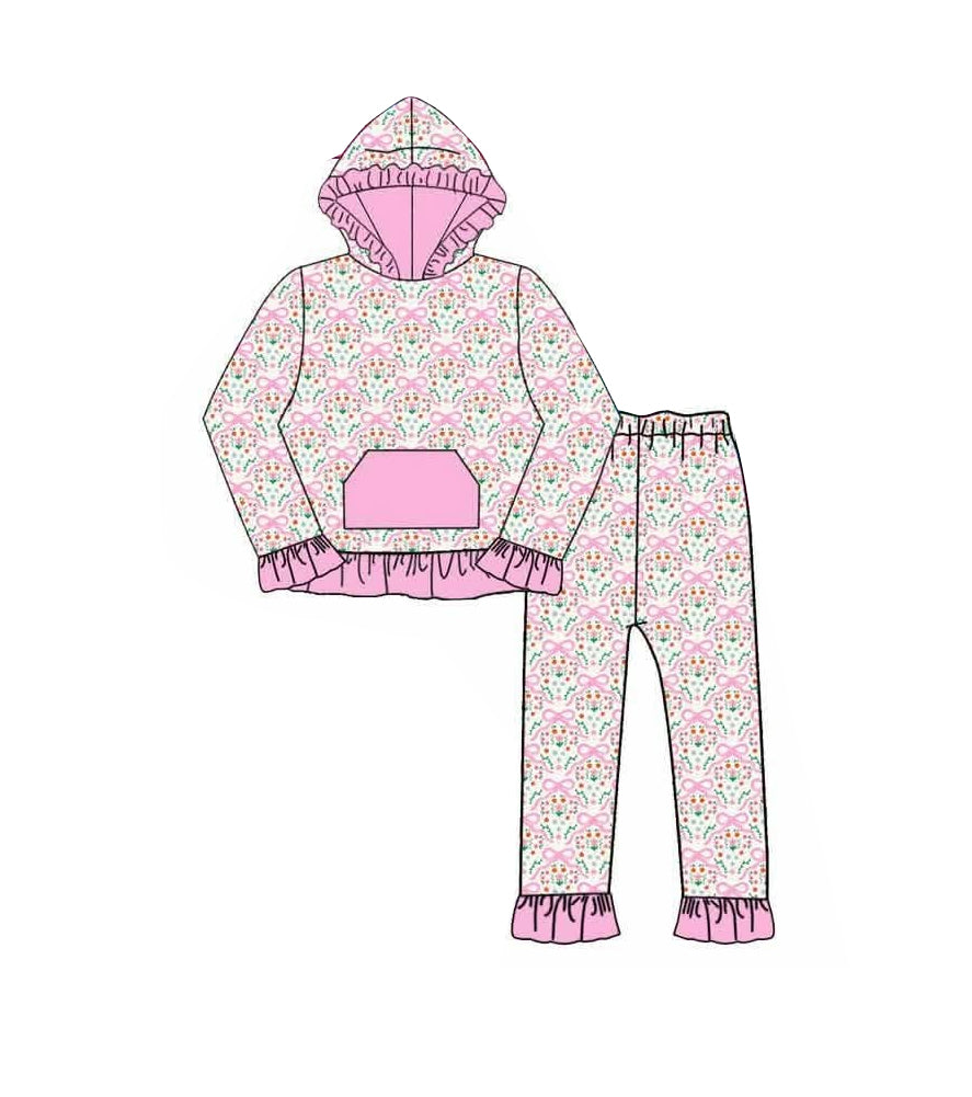 Pre order long sleeve ruffle floral hooded pants set