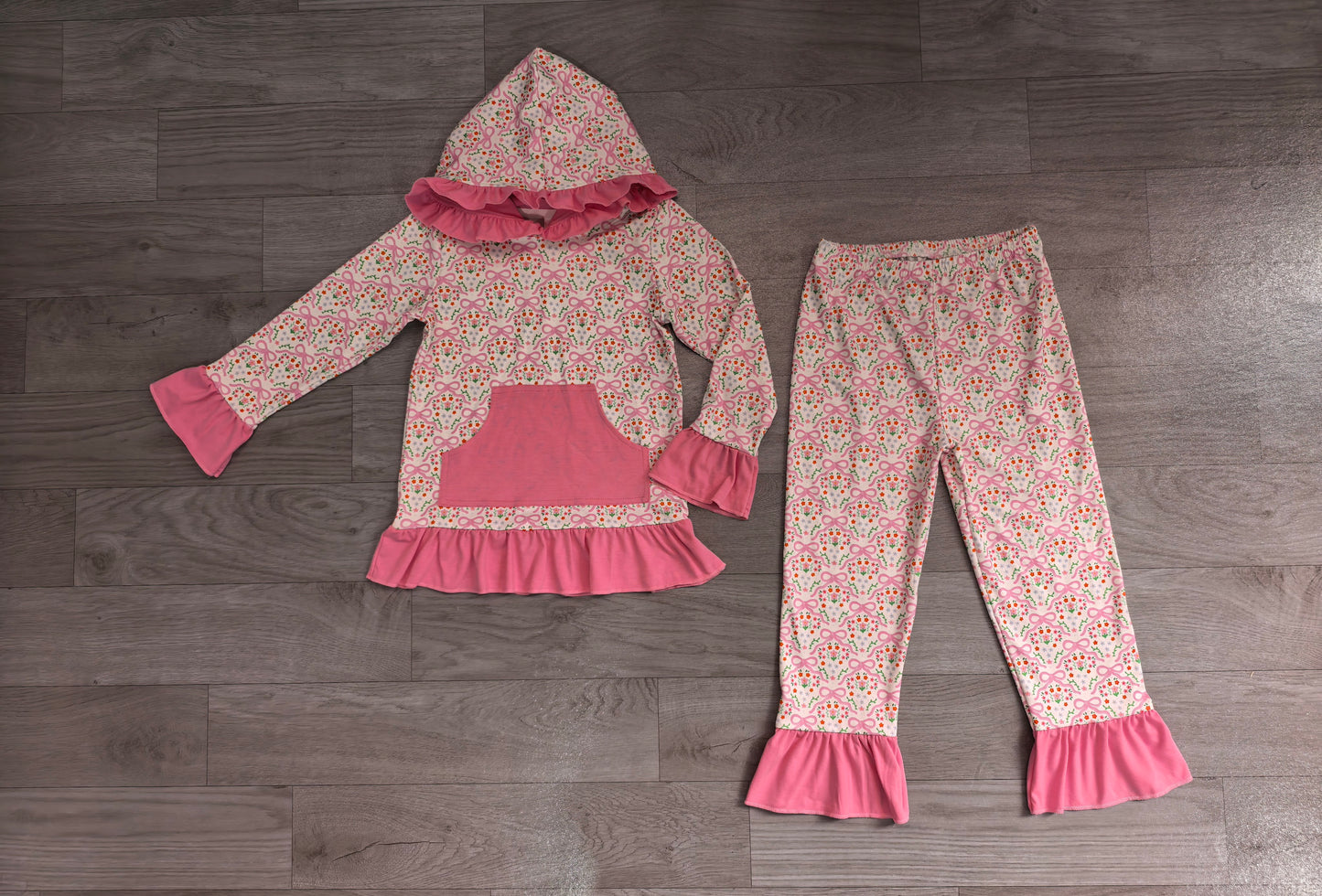 Pre order long sleeve pink bow floral ruffle hoodie outfit