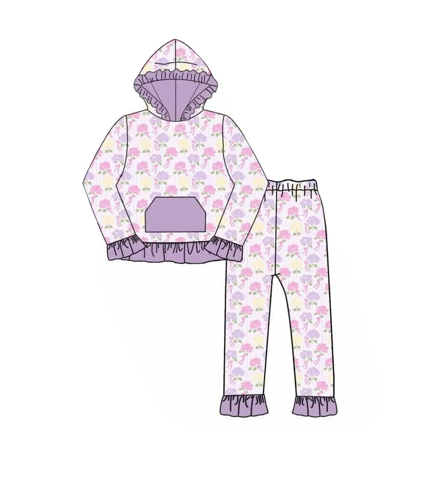 Pre order long sleeve ruffle floral hooded pants set