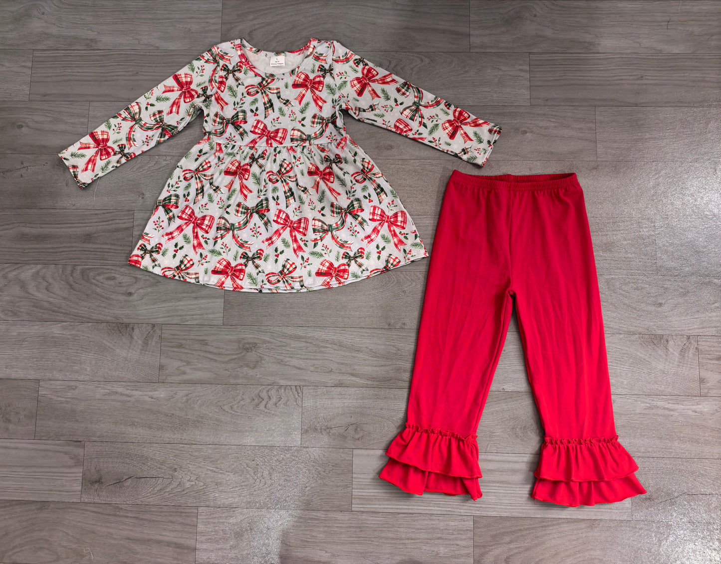 Pre order red Christmas plaid coquette ruffle pants set girl outfit