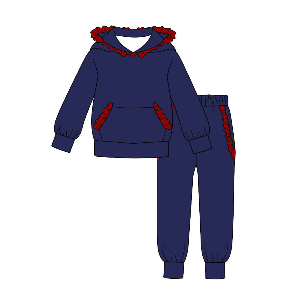 Pre order cotton navy blue red ruffle joggers set fall girls outfit