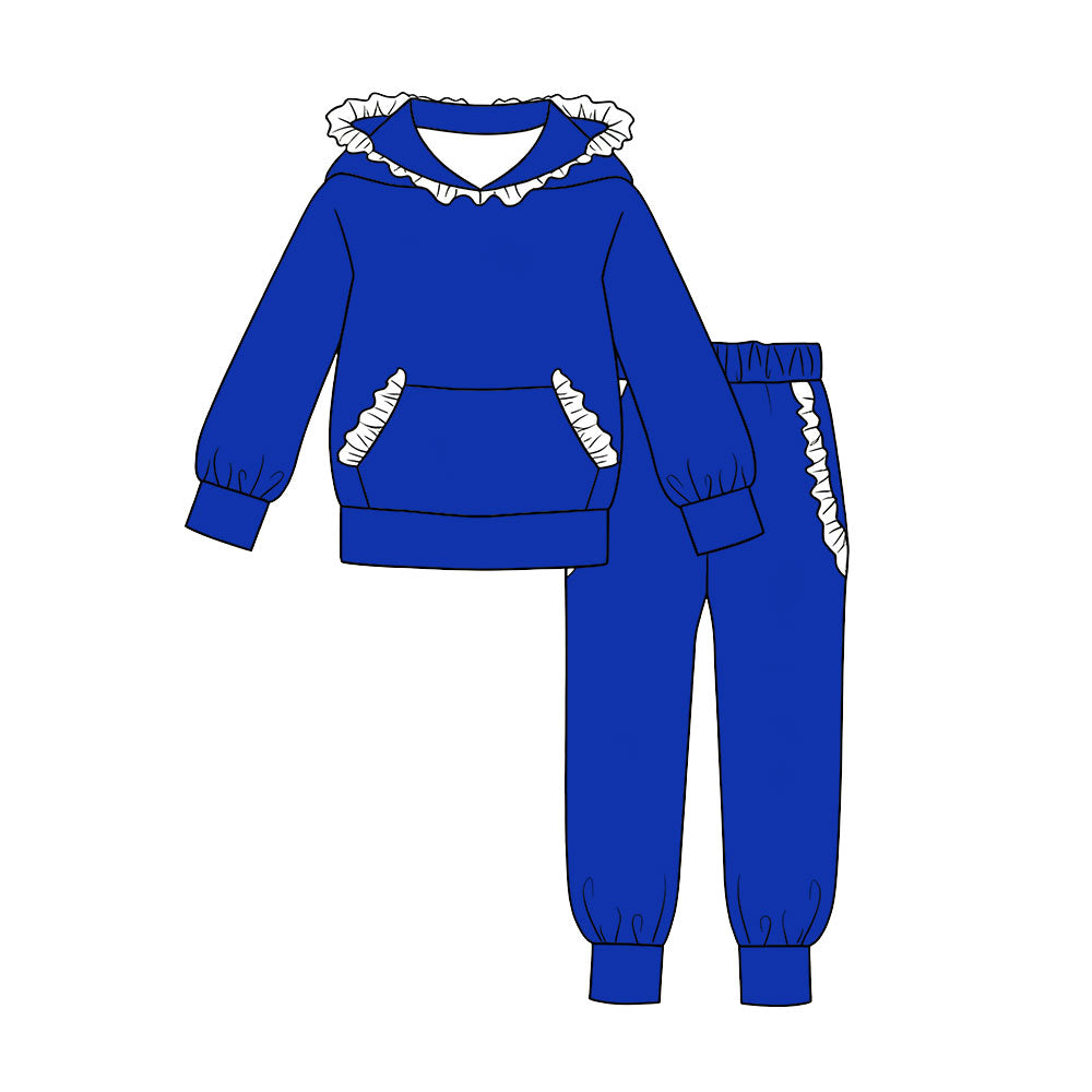 Pre order cotton royal blue white ruffle joggers set fall girls outfit