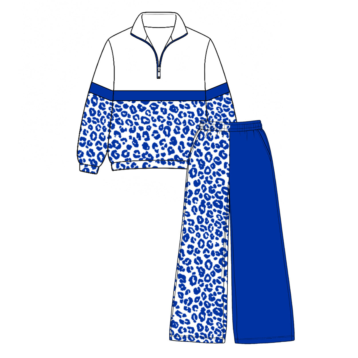 Pre order royal blue leopard zip pullover pants set girls outfit