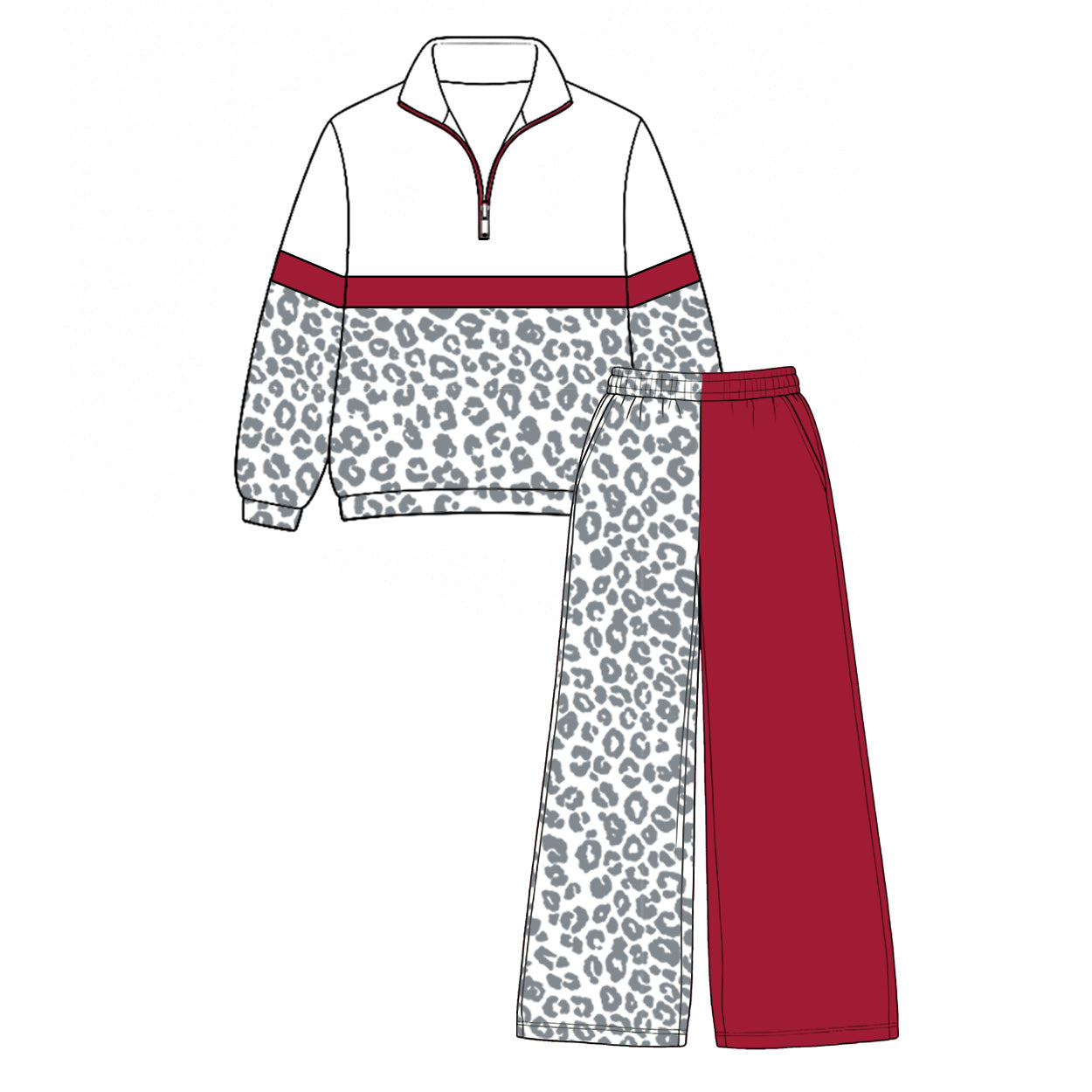 Pre order maroon gray leopard zip pullover pants set girls outfit