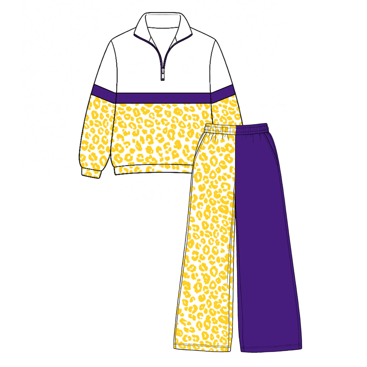Pre order purple yellow leopard zip pullover pants set girls outfit