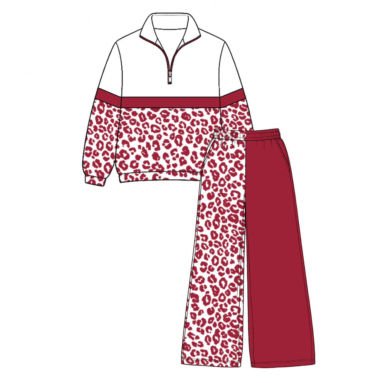 Pre order burgundy leopard zip pullover pants set girls outfit