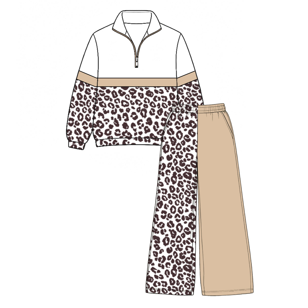 Pre order tan brown leopard zip pullover pants set girls outfit