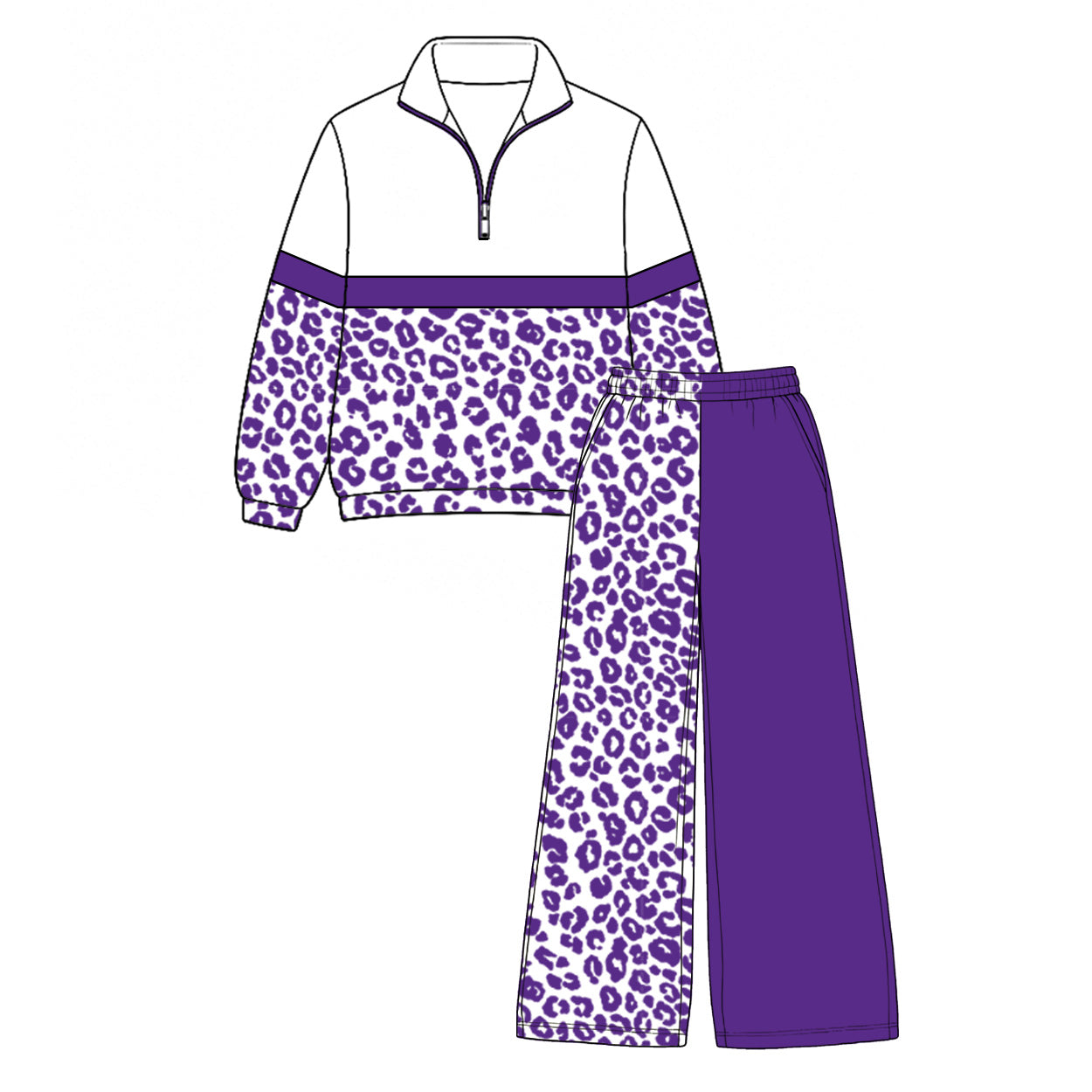 Pre order purple leopard zip pullover pants set girls outfit