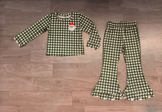 Pre order green gingham with embroidery santa pattern scallop outfit