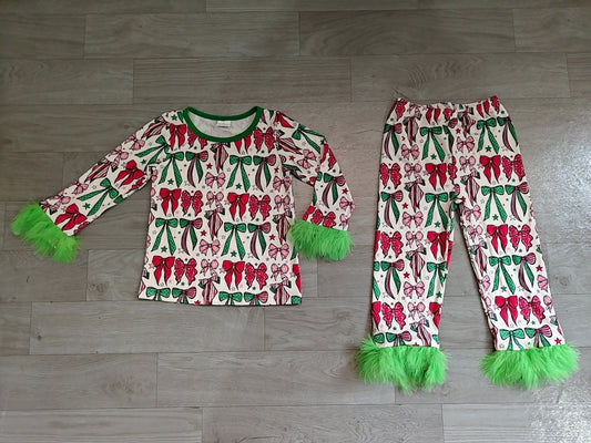 Pre order girl christmas bows feather pajama outfit