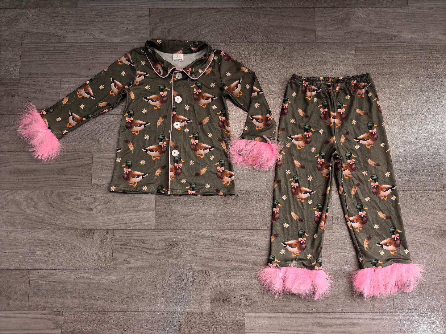 Pre order duck call button down fur pajama outfit