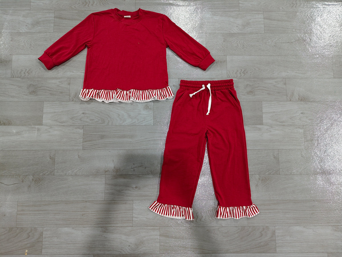 Pre order cotton red ruffle trim outfit girls clothes