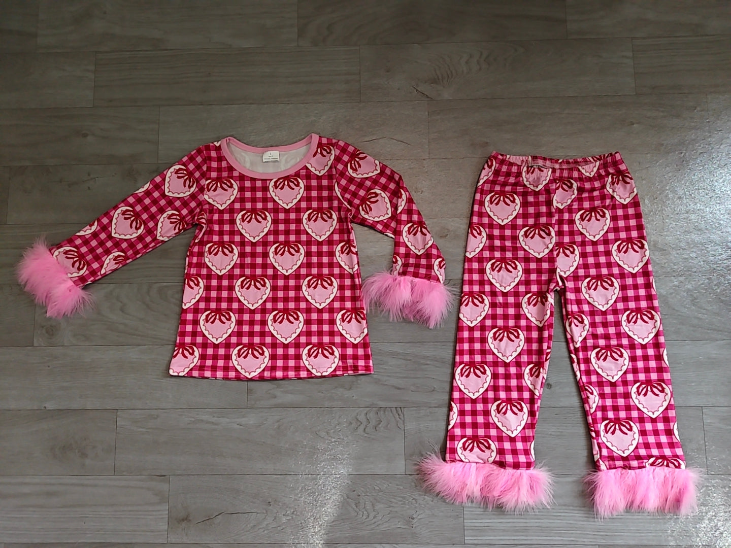 Pre order valentine's day heart gingham feather pajama outfit