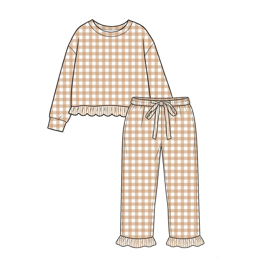 Pre order long sleeve ruffle gingham pants set